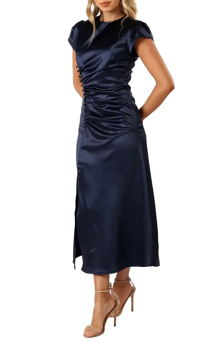 Fashion Fitted High Neck Short Sleeve Satin Ankle-Length Prom Dress