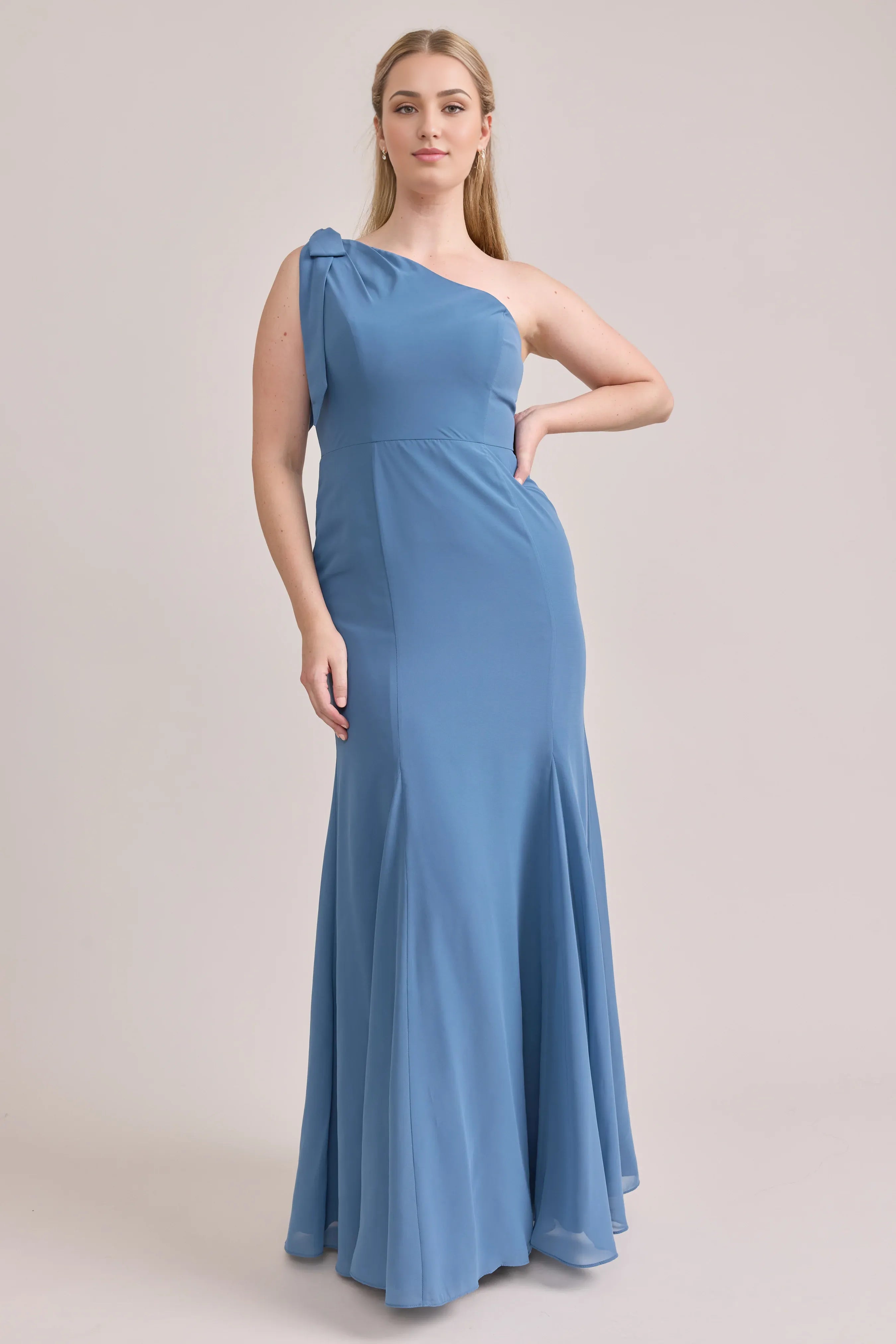 Fashion Fitted Trumpet One Shoulder Sleeveless Backless Ankle-Length Bridesmaid Dress