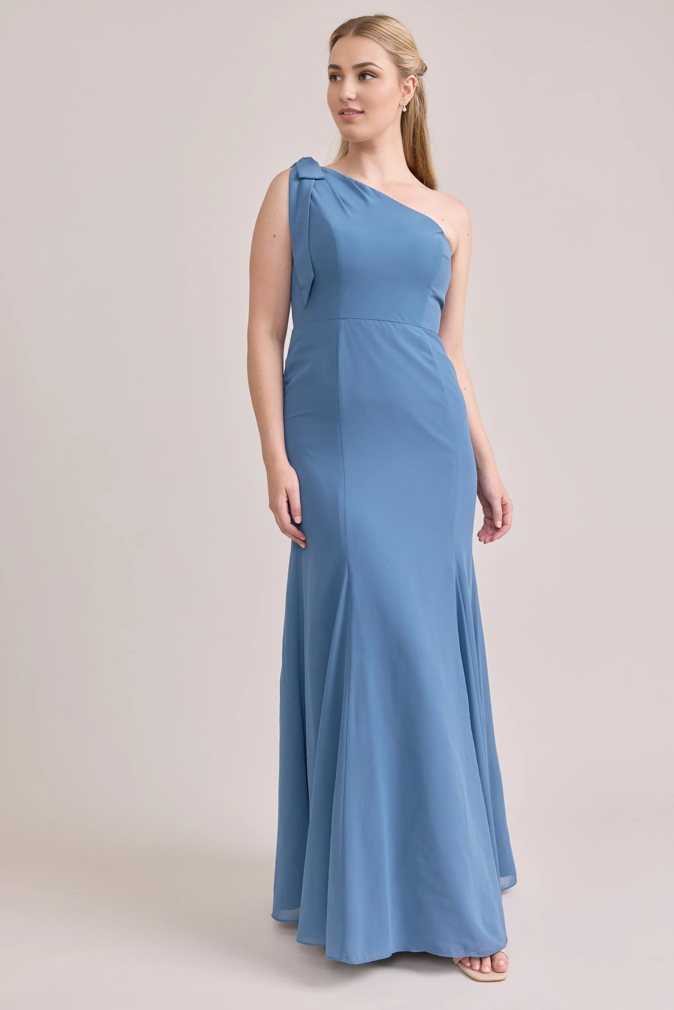 Fashion Fitted Trumpet One Shoulder Sleeveless Backless Ankle-Length Bridesmaid Dress