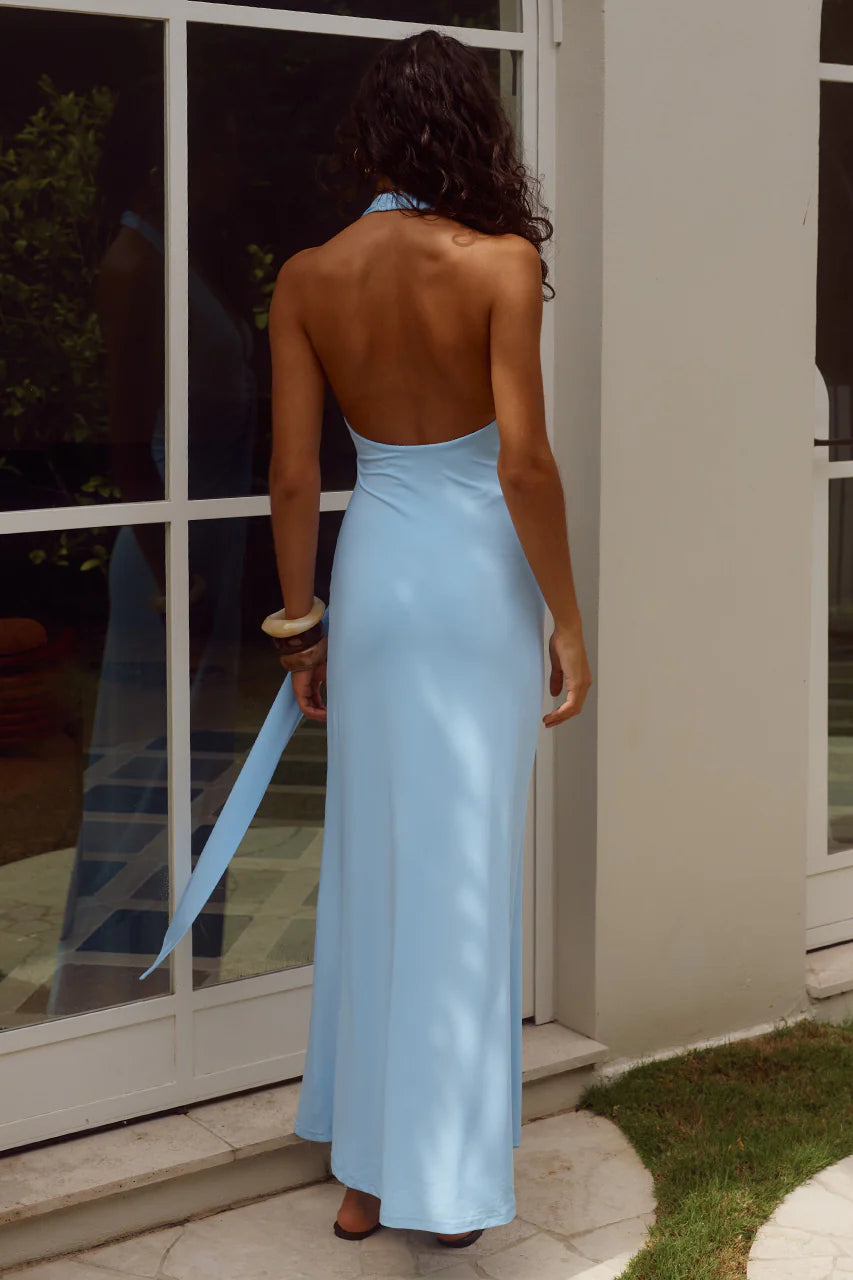 Fashion Flattering Halter Neck Sleeveless Pleated Floor-Length Prom Dress