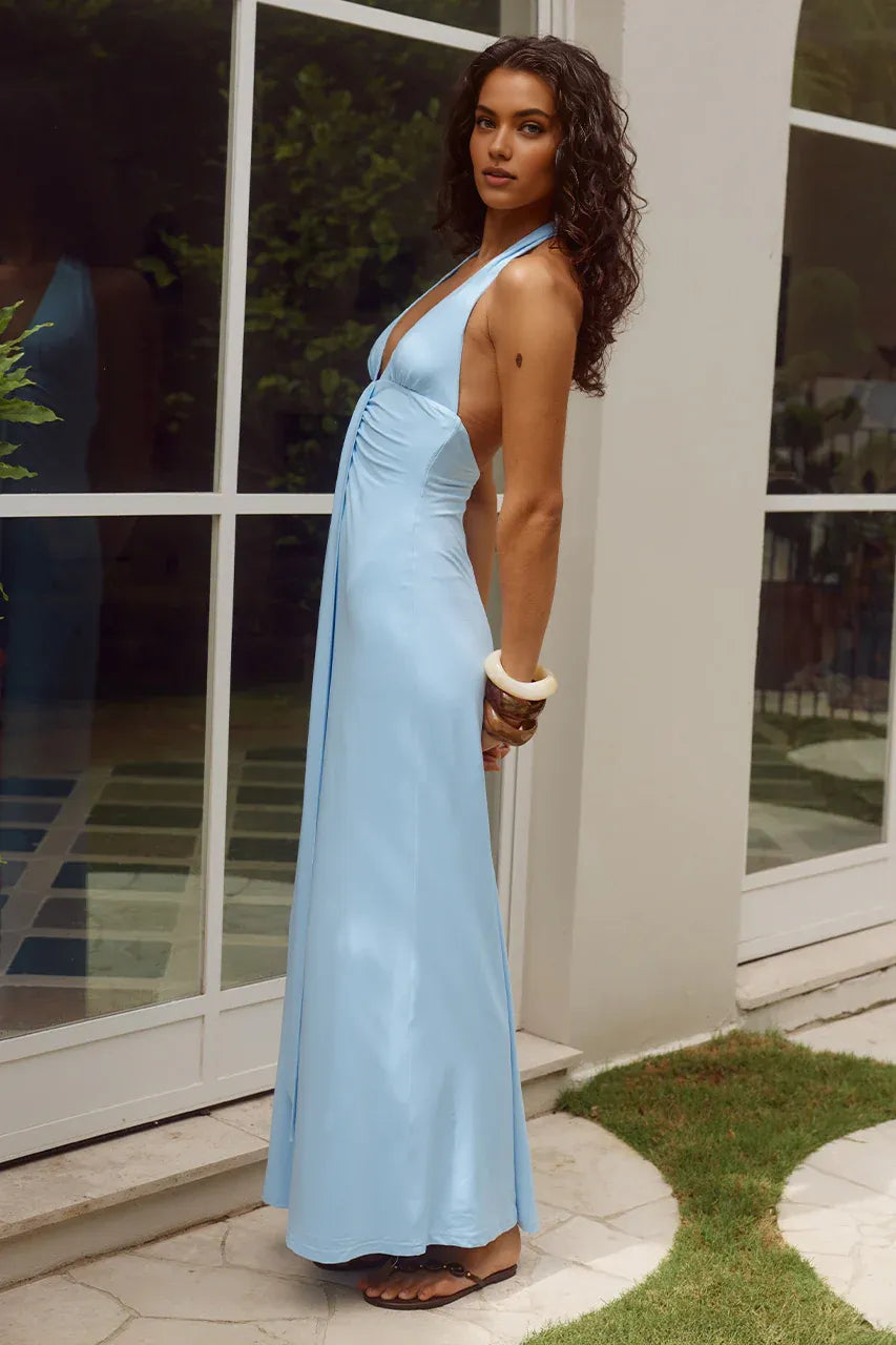 Fashion Flattering Halter Neck Sleeveless Pleated Floor-Length Prom Dress