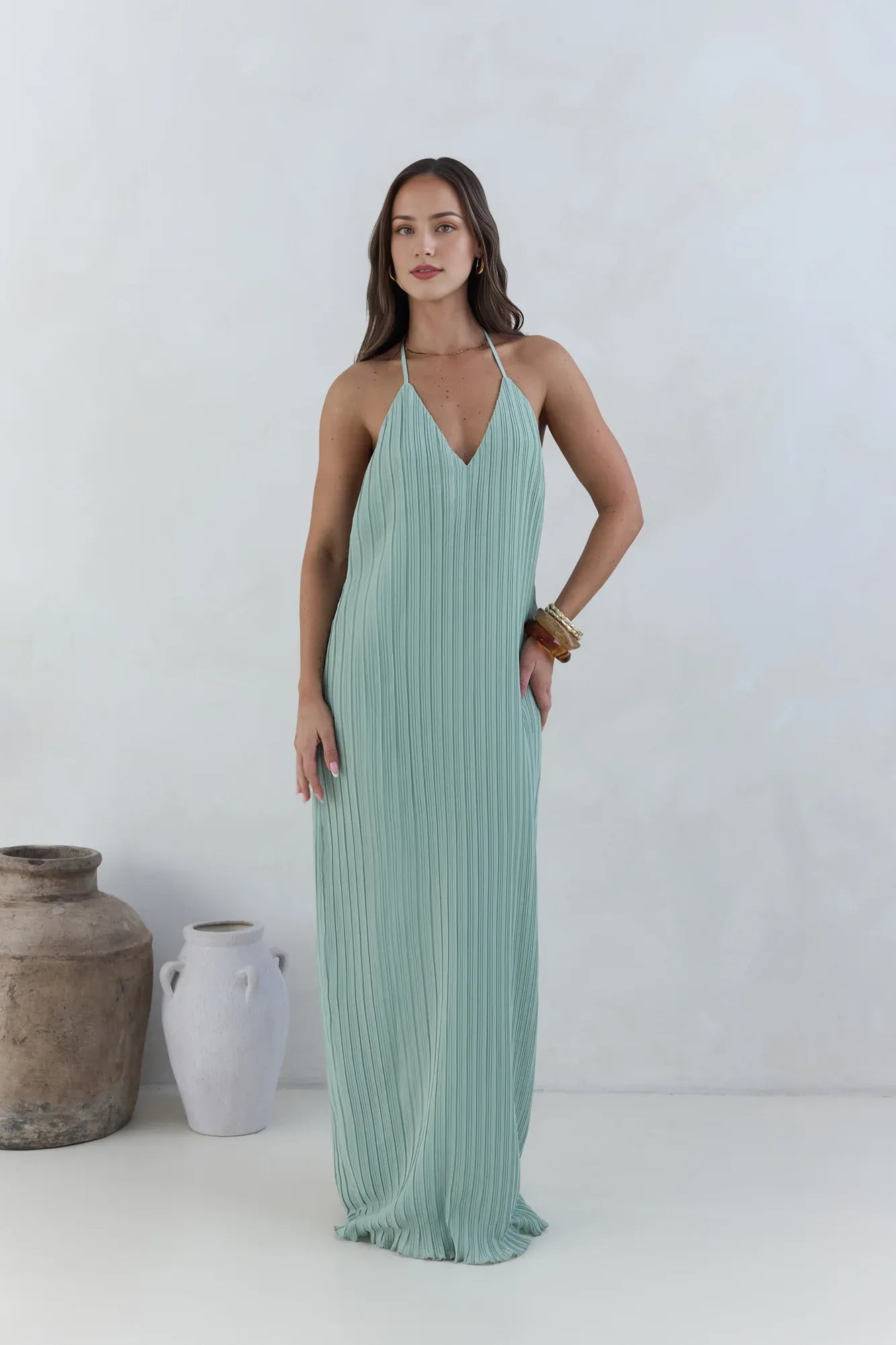 Fashion Halter Tie V Neck Backless Pleated Floor-Length Dress Green Straight Tube Sleeveless Solid Color Prom Dress