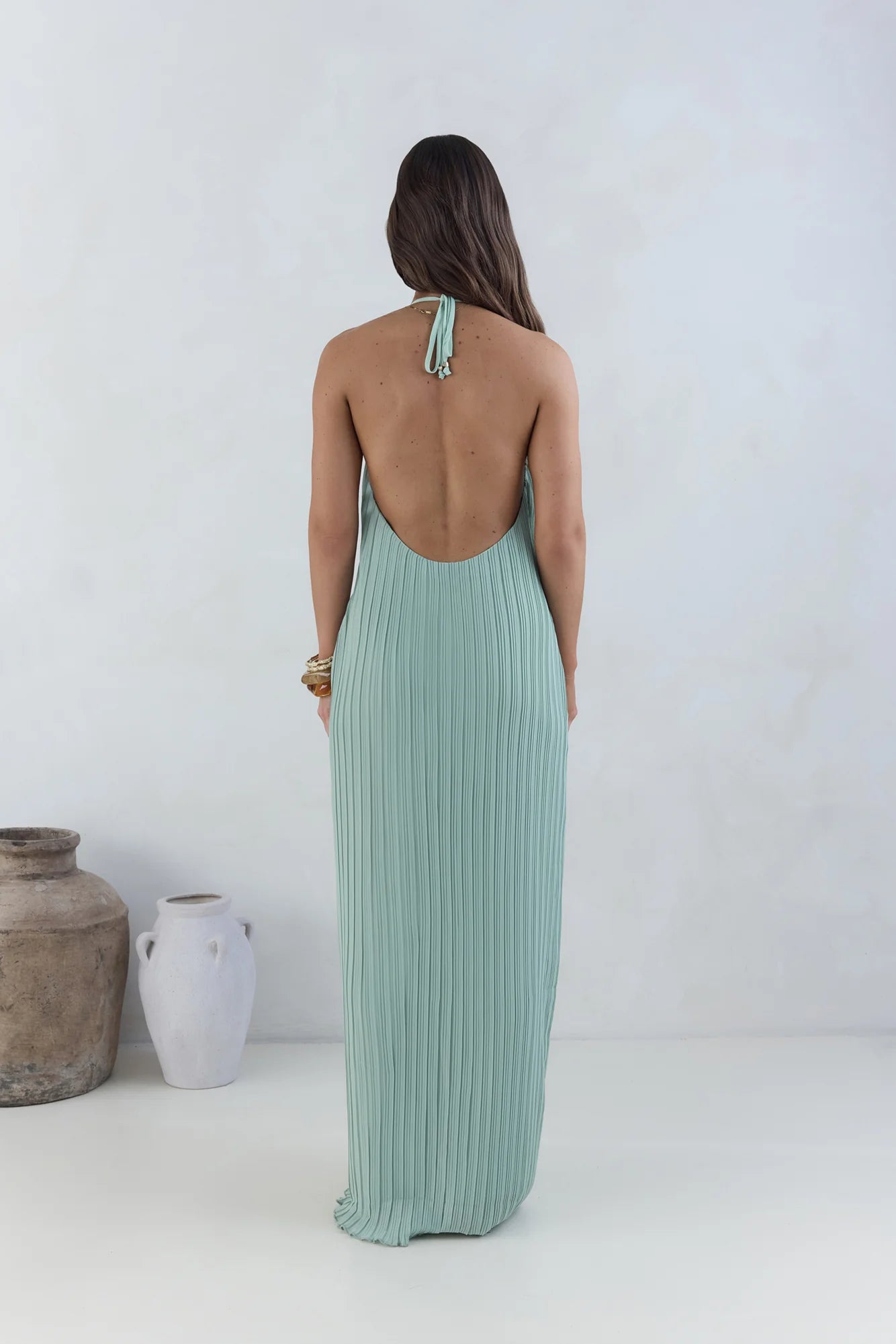 Fashion Halter Tie V Neck Backless Pleated Floor-Length Dress Green Straight Tube Sleeveless Solid Color Prom Dress