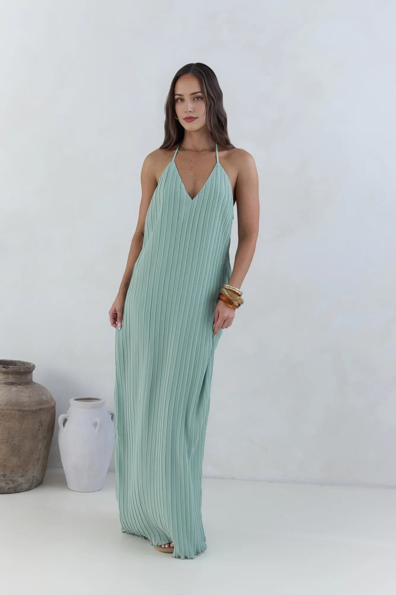 Fashion Halter Tie V Neck Backless Pleated Floor-Length Dress Green Straight Tube Sleeveless Solid Color Prom Dress