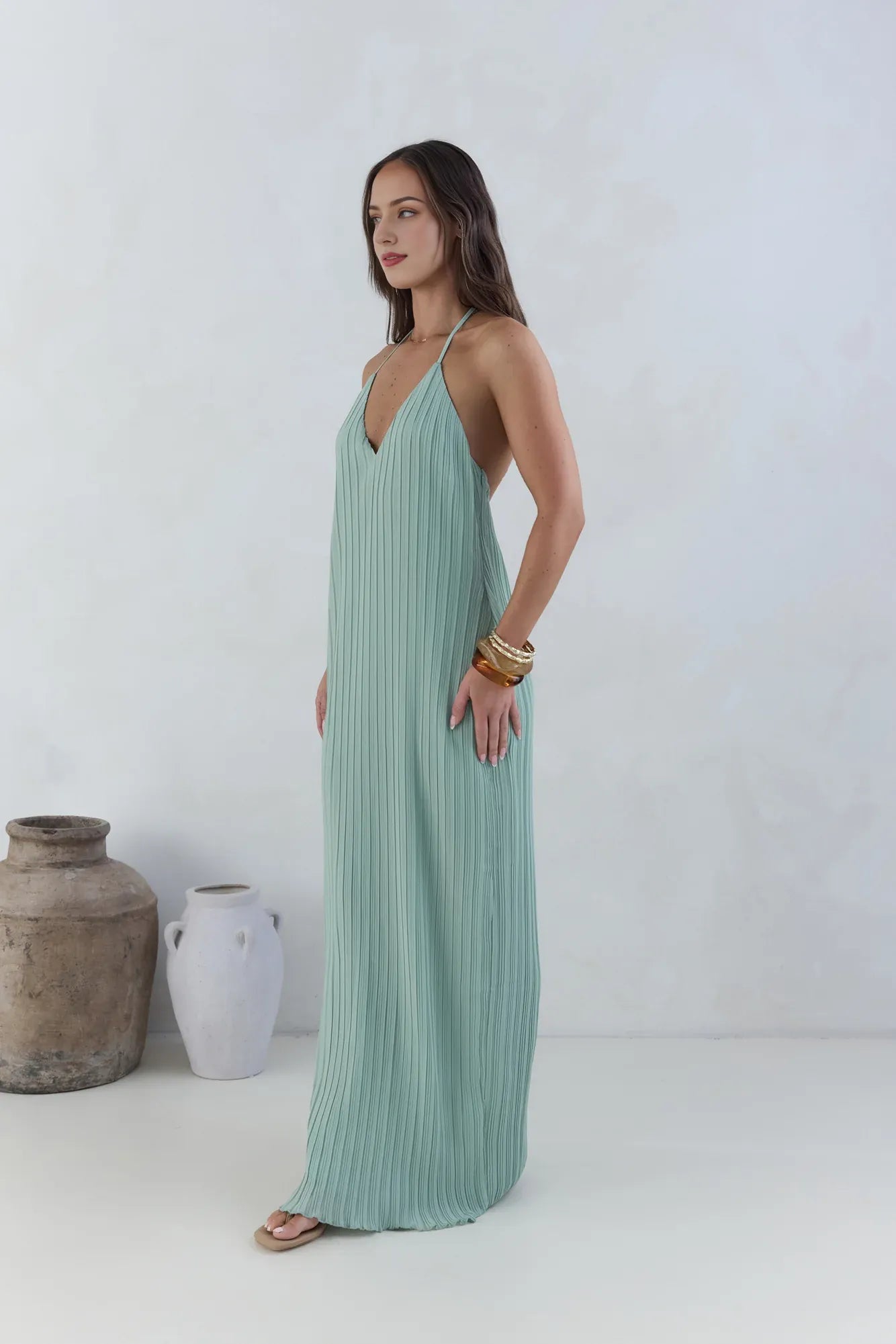Fashion Halter Tie V Neck Backless Pleated Floor-Length Dress Green Straight Tube Sleeveless Solid Color Prom Dress