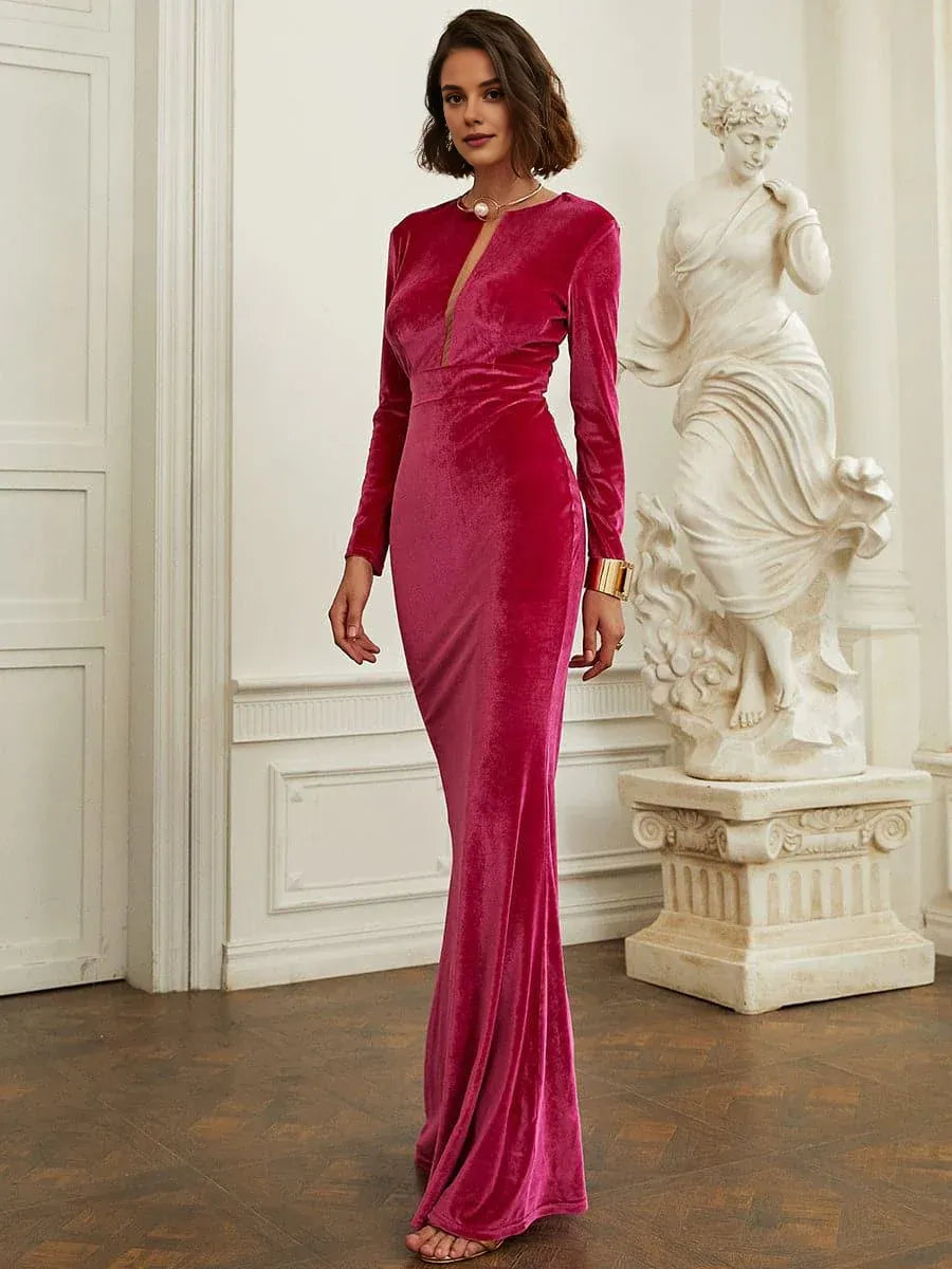 Fashion Mermaid Keyhole Neck Long Sleeve Zipper Up Floor-Length Prom Dress