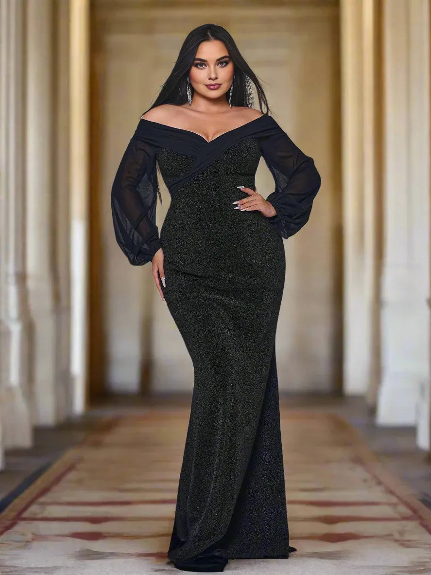 Fashion Mermaid Off Shoulder Long Sleeve Backless Floor-Length Plus Size Prom Dress