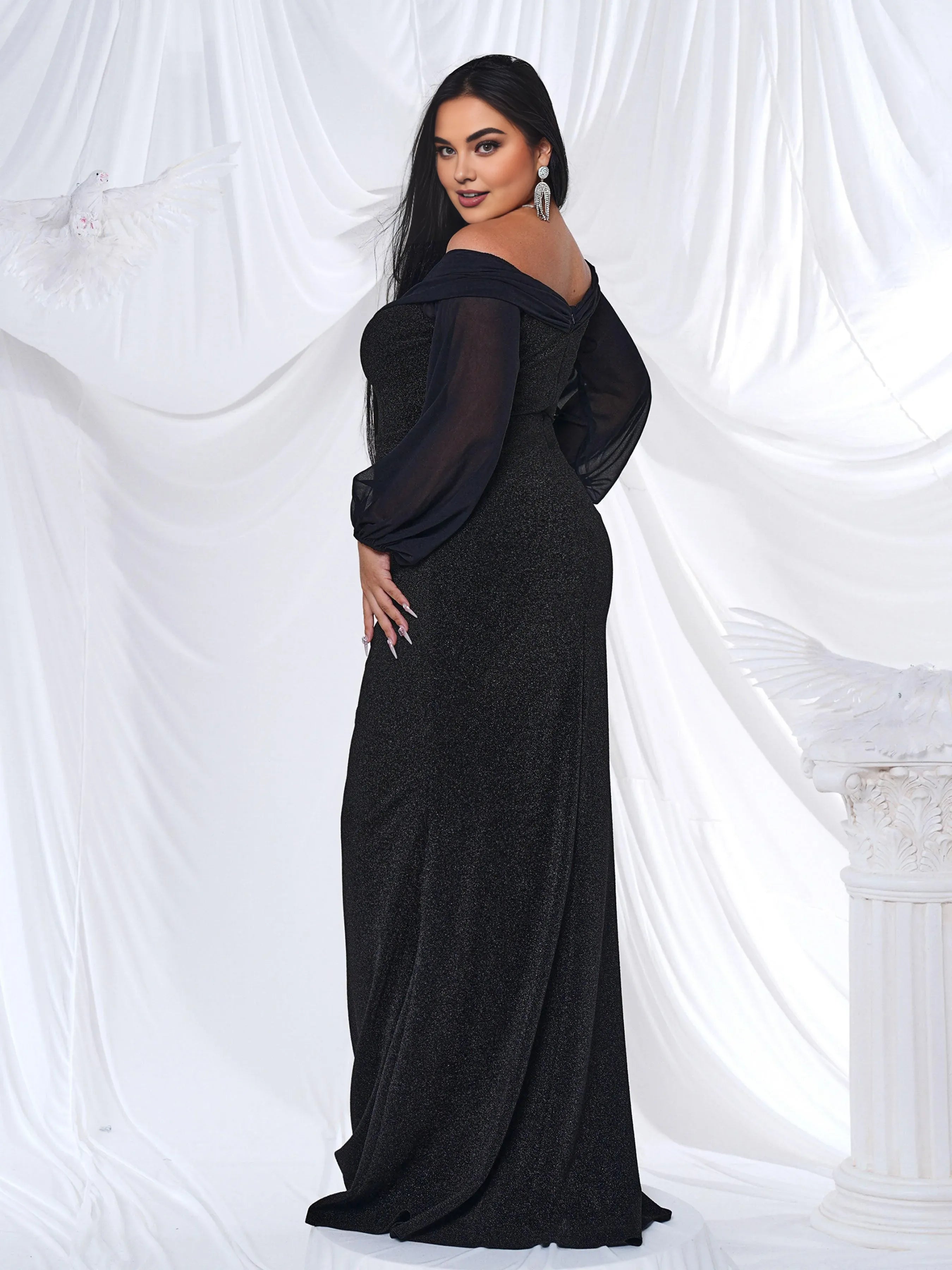 Fashion Mermaid Off Shoulder Long Sleeve Backless Floor-Length Plus Size Prom Dress