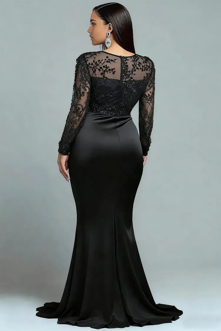 Fashion Mermaid Round Neck Long Sleeve Satin Floor Length Plus Size Prom Dress