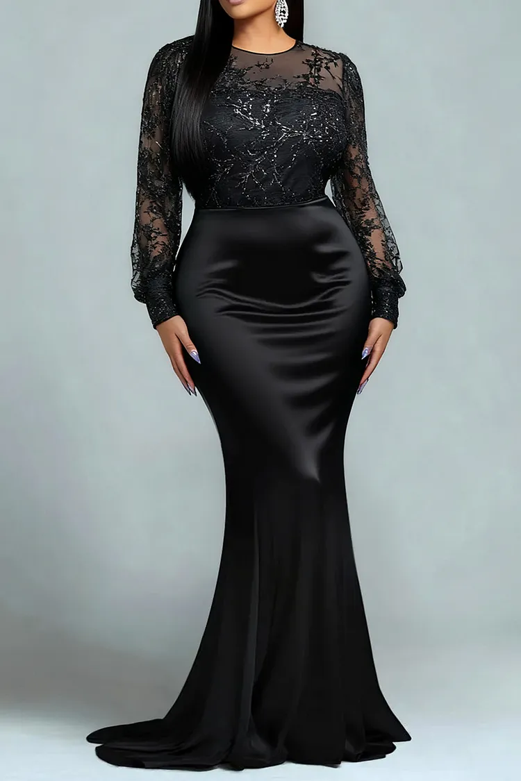 Fashion Mermaid Round Neck Long Sleeve Satin Floor Length Plus Size Prom Dress