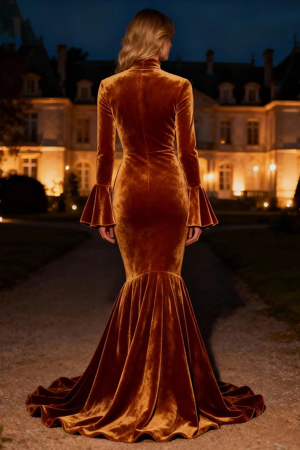 Fashion Mermaid/Trumpet High Neck Flare Sleeves Velvet Sweep/Brush Train Winter Prom Dress