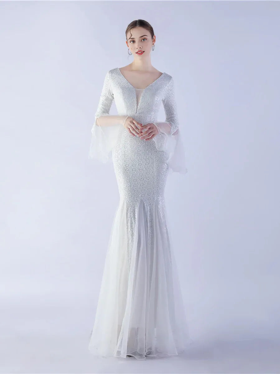 Fashion Mermaid V-neck Long Sleeve Open Back Floor-Length Prom Dress