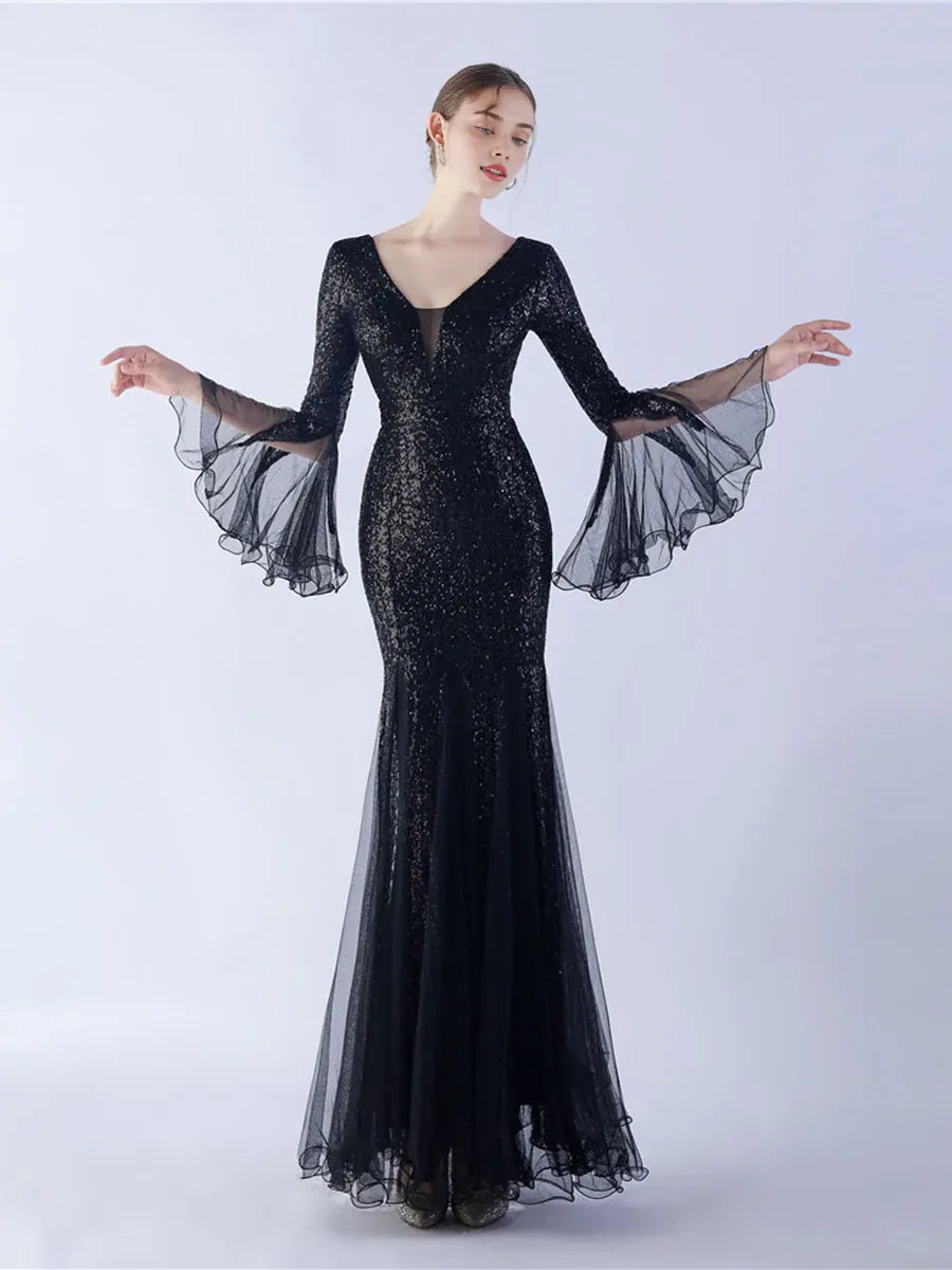 Fashion Mermaid V-neck Long Sleeve Open Back Floor-Length Prom Dress