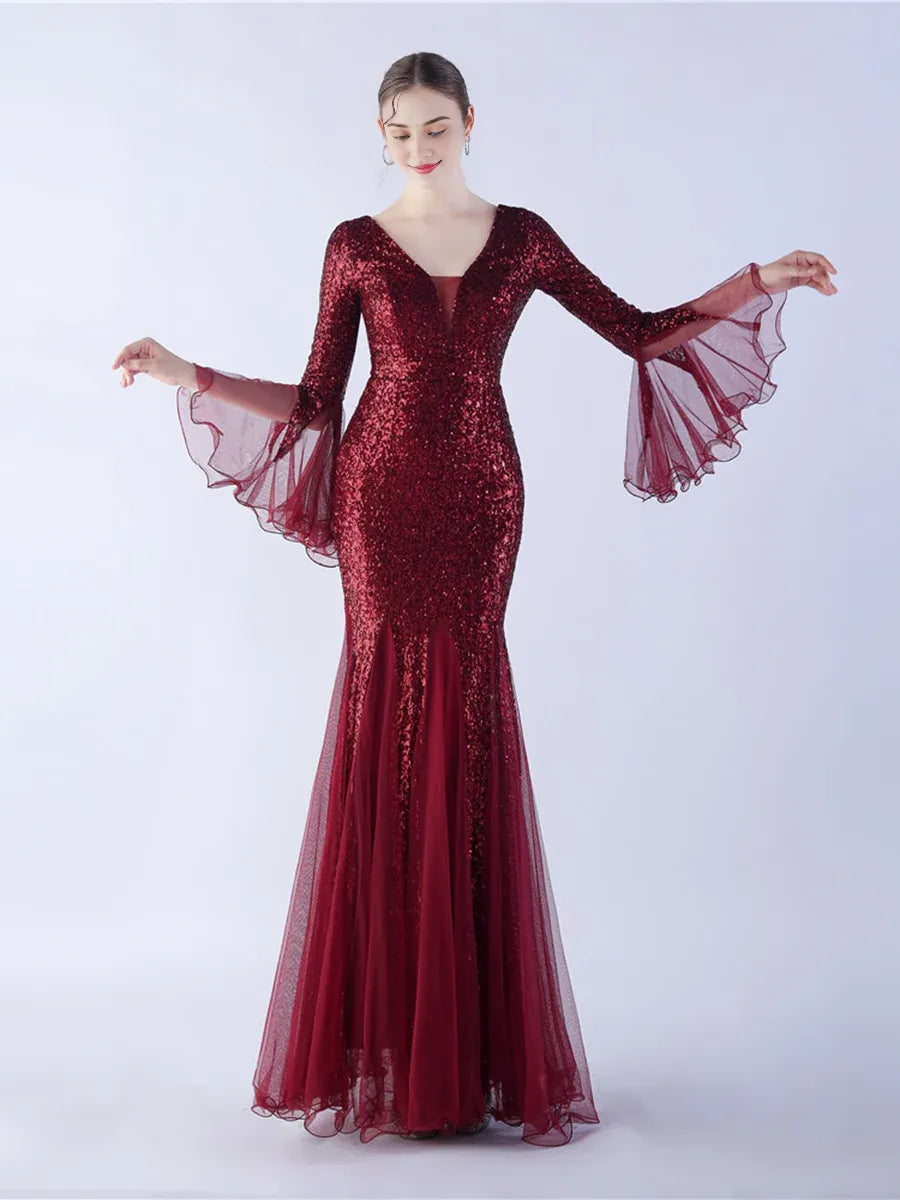 Fashion Mermaid V-neck Long Sleeve Open Back Floor-Length Prom Dress