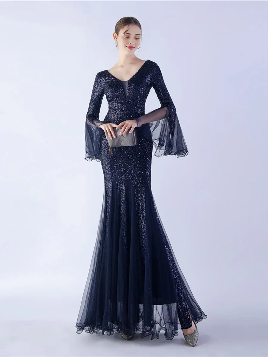 Fashion Mermaid V-neck Long Sleeve Open Back Floor-Length Prom Dress