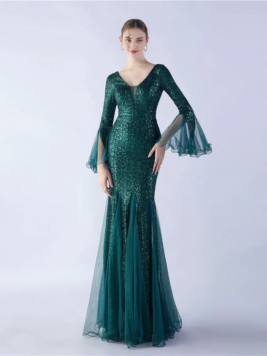 Fashion Mermaid V-neck Long Sleeve Open Back Floor-Length Prom Dress