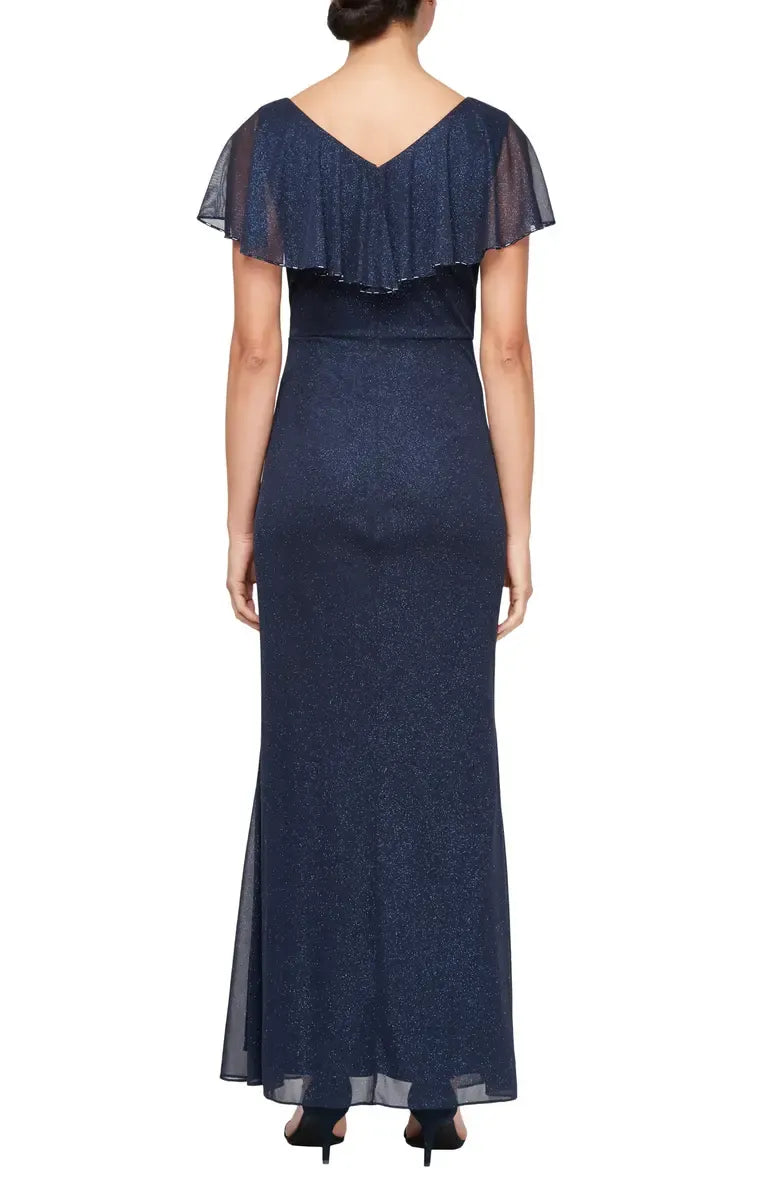 Fashion Mermaid V Neck Capelet Sleeve V Back Floor-Length Mother of the Bride Dress