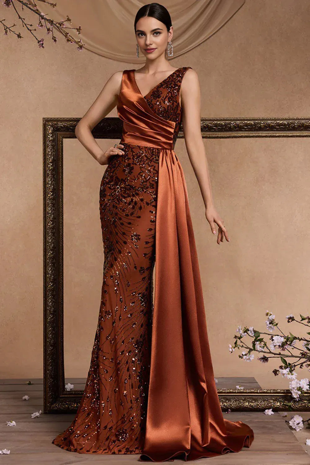 Fashion Mermaid V Neck Sleeveless Appliques Satin Floor-Length Prom Dress