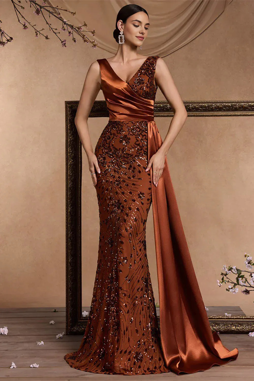 Fashion Mermaid V Neck Sleeveless Appliques Satin Floor-Length Prom Dress