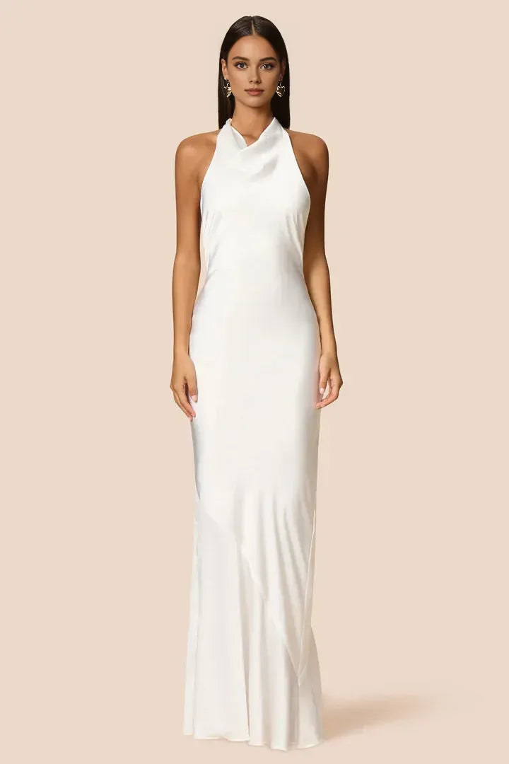 Fashion Sheath/Column High Neck Halter Sleeveless Low Back Floor-Length Evening Dress