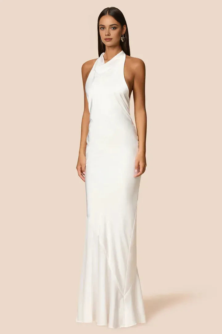 Fashion Sheath/Column High Neck Halter Sleeveless Low Back Floor-Length Evening Dress
