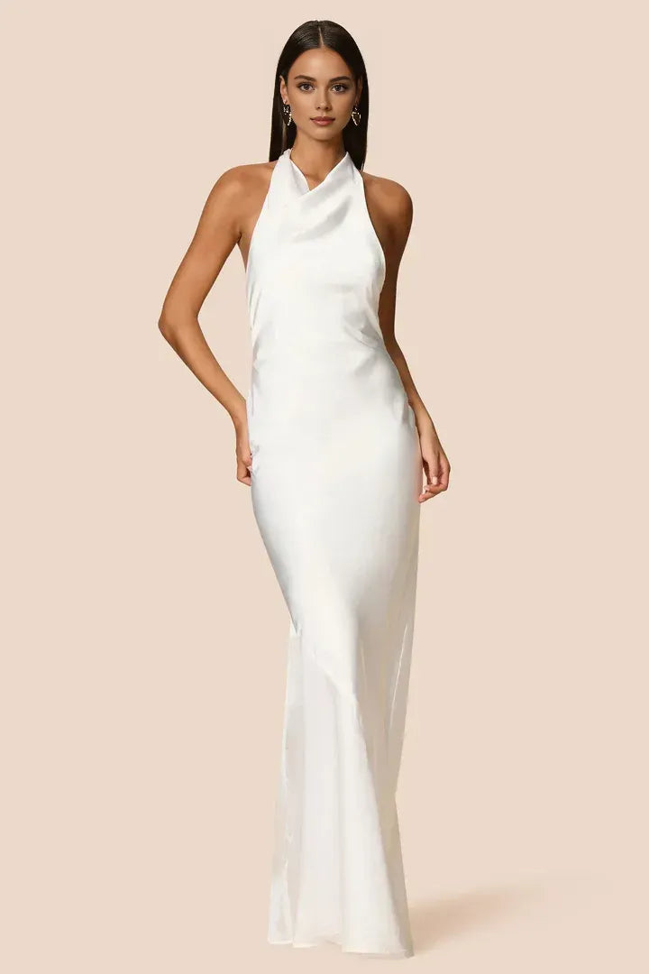 Fashion Sheath/Column High Neck Halter Sleeveless Low Back Floor-Length Evening Dress