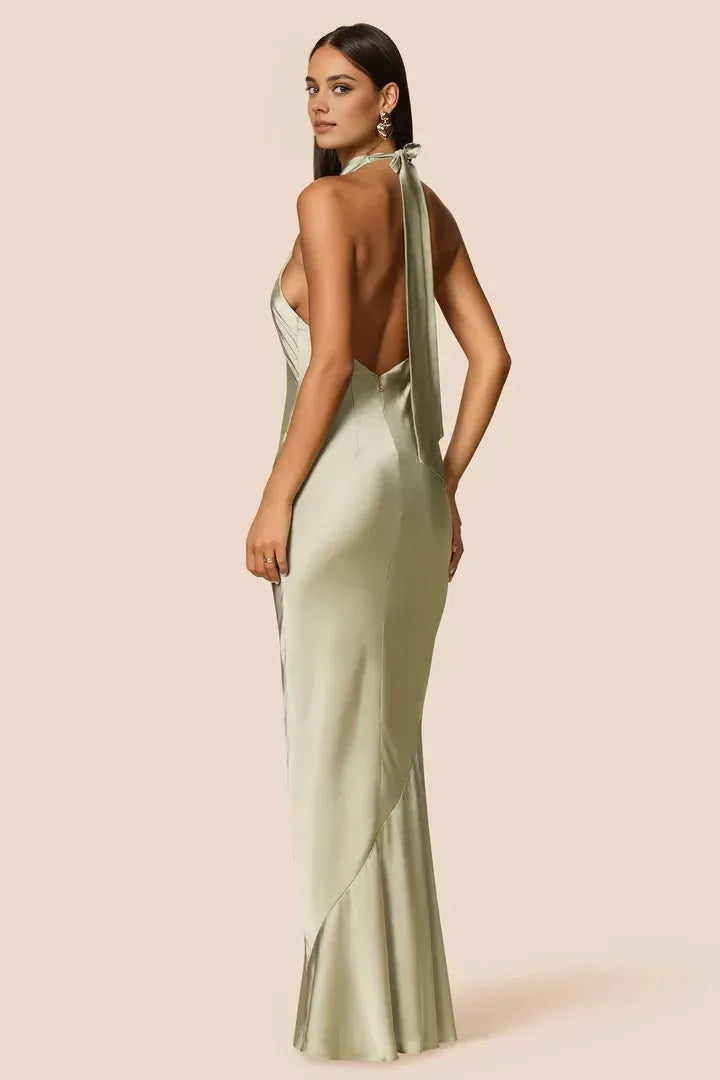 Fashion Sheath/Column High Neck Halter Sleeveless Low Back Floor-Length Evening Dress