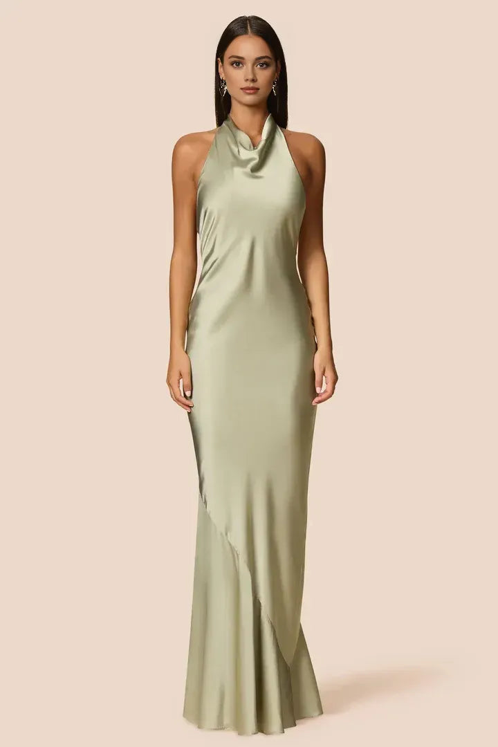 Fashion Sheath/Column High Neck Halter Sleeveless Low Back Floor-Length Evening Dress