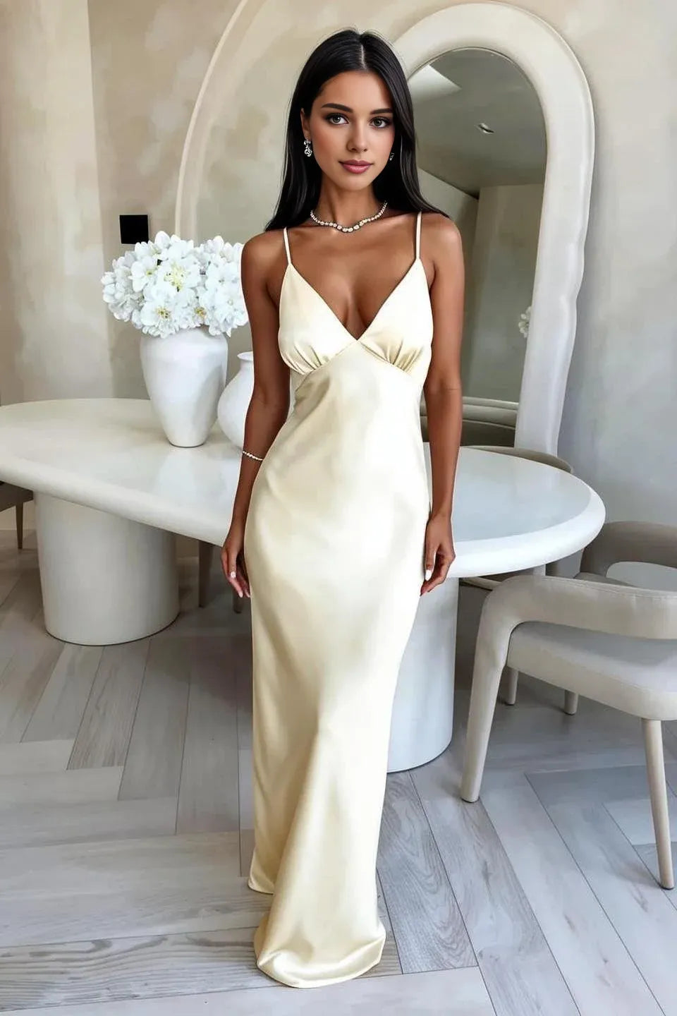 Fashion Sheath/Column V-Neck Sleeveless Satin Floor-Length Prom Dress