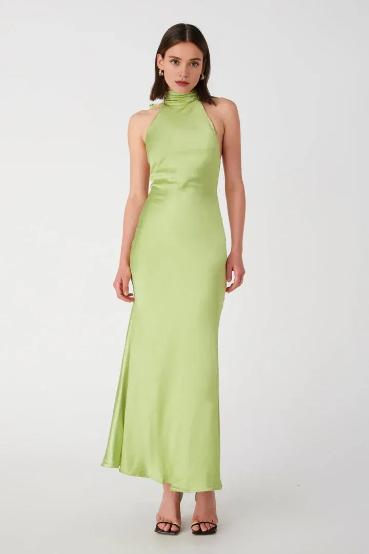 Fashion Sheath High Neck Sleeveless Satin Floor-Length Prom Dress