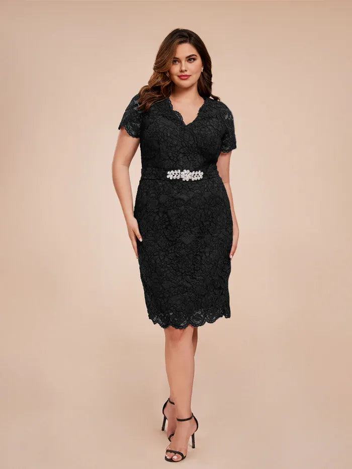Fashion Sheath V-neck Short Sleeves Lace Knee-Length Plus Size Mother of the Bride Dress