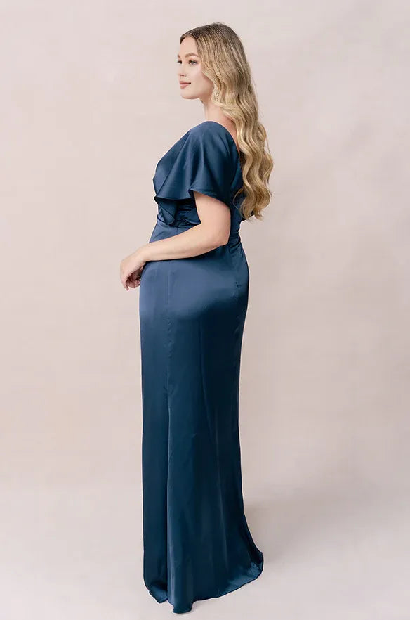 Fashion Sheath V Neck Short Sleeve Satin Floor-Length Prom Dress