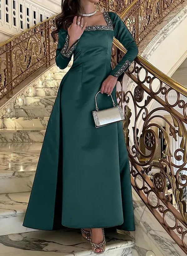 Fashion Square Neck Long Sleeves A-Line Pleated Satin Floor-Length Evening Dress