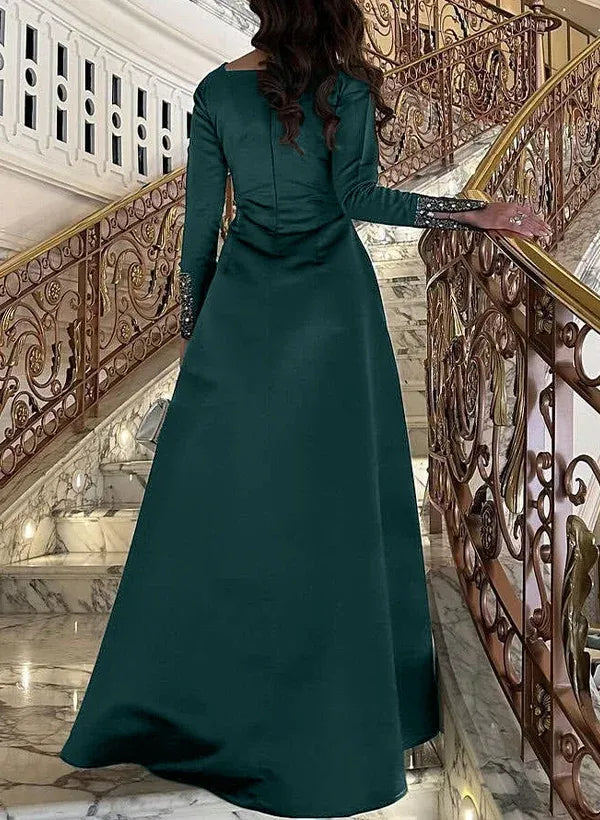 Fashion Square Neck Long Sleeves A-Line Pleated Satin Floor-Length Evening Dress