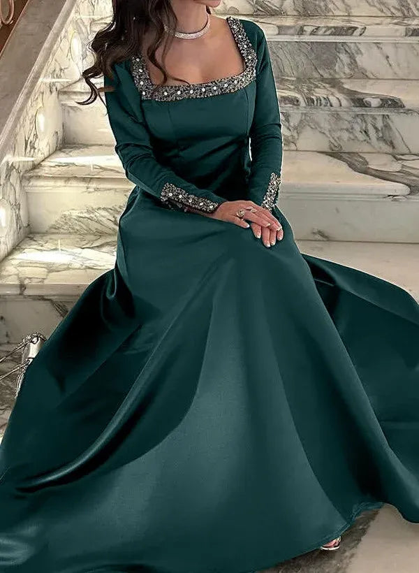Fashion Square Neck Long Sleeves A-Line Pleated Satin Floor-Length Evening Dress