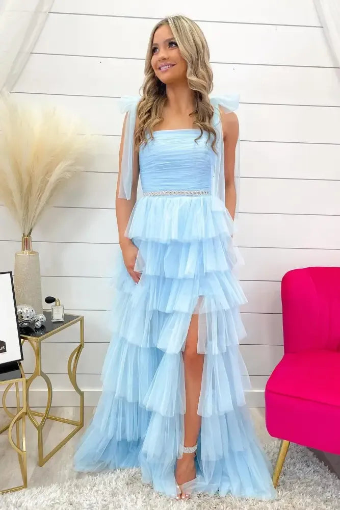 Fashion Square Neck Sleeveless A-Line Pleated Tulle Floor-Length Prom Dress