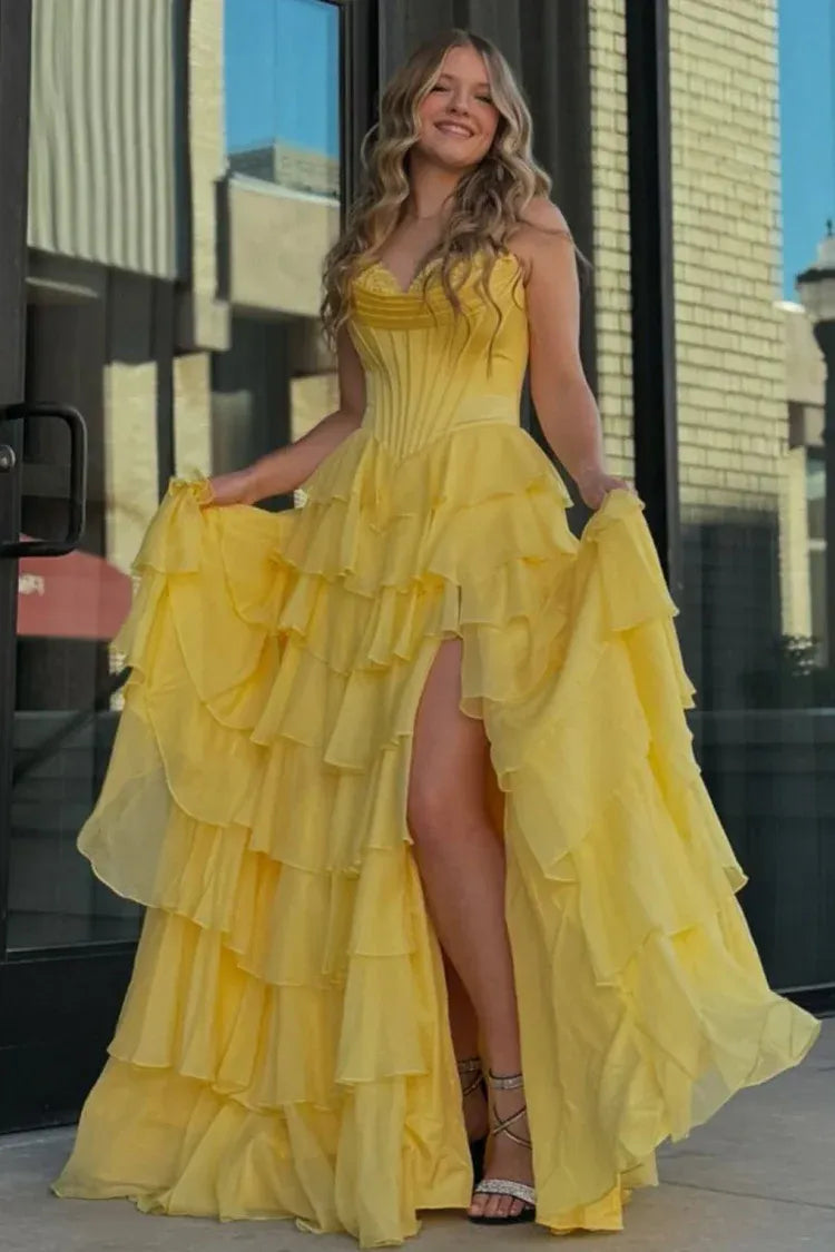 Fashion Strapless Sleeveless A-Line Chiffon Tiered Split Long Prom Dress