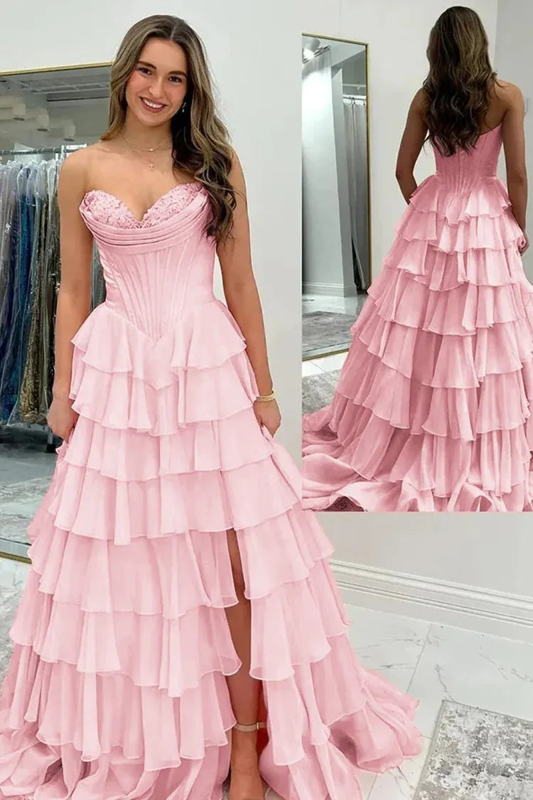 Fashion Strapless Sleeveless A-Line Chiffon Tiered Split Long Prom Dress