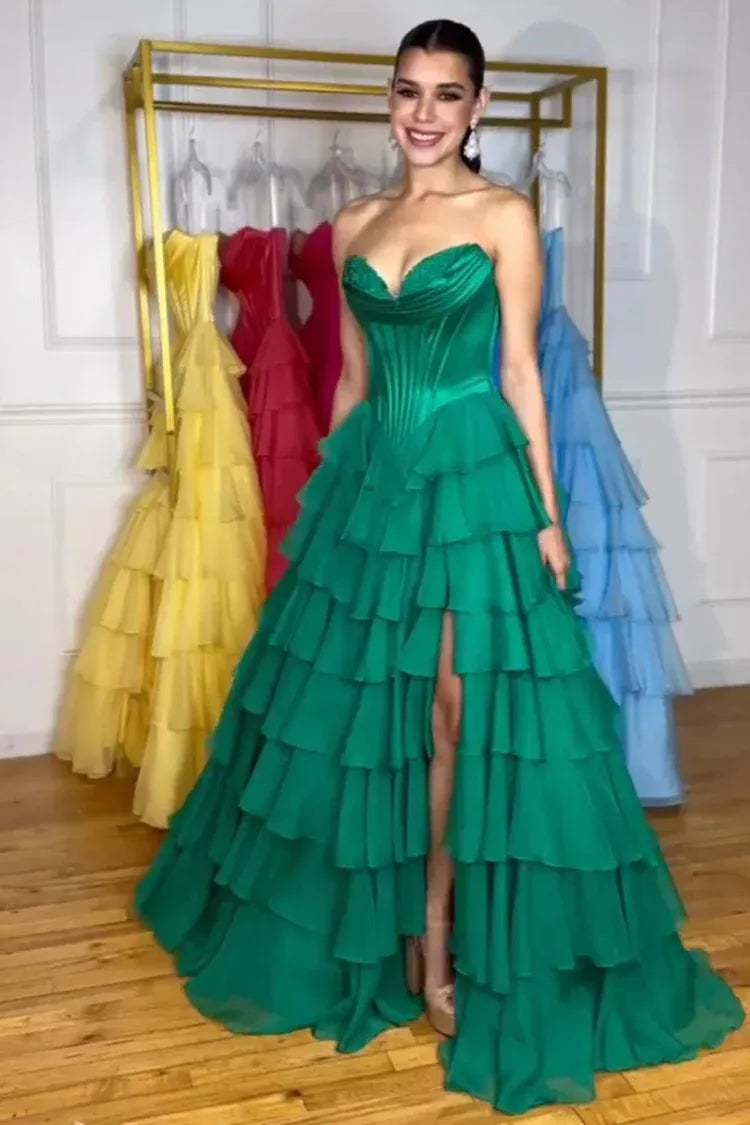 Fashion Strapless Sleeveless A-Line Chiffon Tiered Split Long Prom Dress