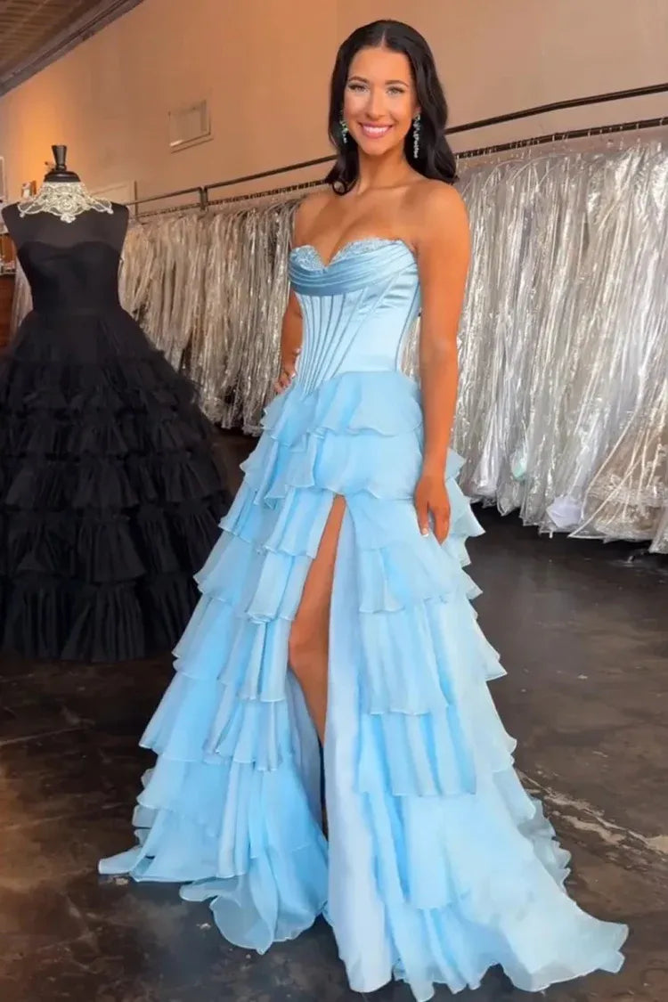Fashion Strapless Sleeveless A-Line Chiffon Tiered Split Long Prom Dress