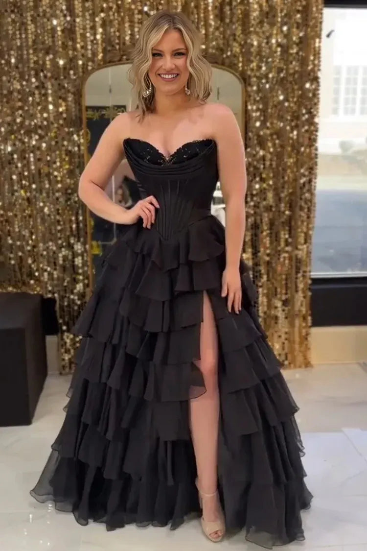 Fashion Strapless Sleeveless A-Line Chiffon Tiered Split Long Prom Dress