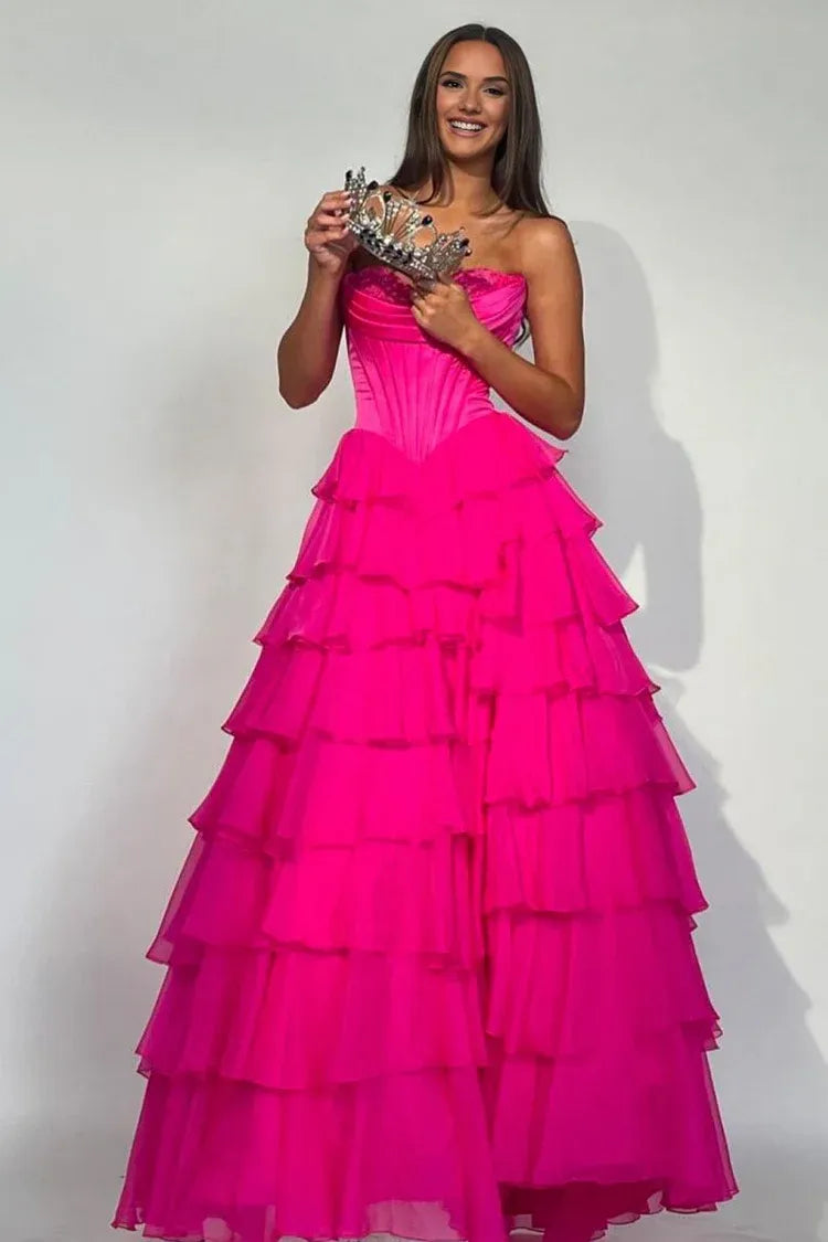 Fashion Strapless Sleeveless A-Line Chiffon Tiered Split Long Prom Dress
