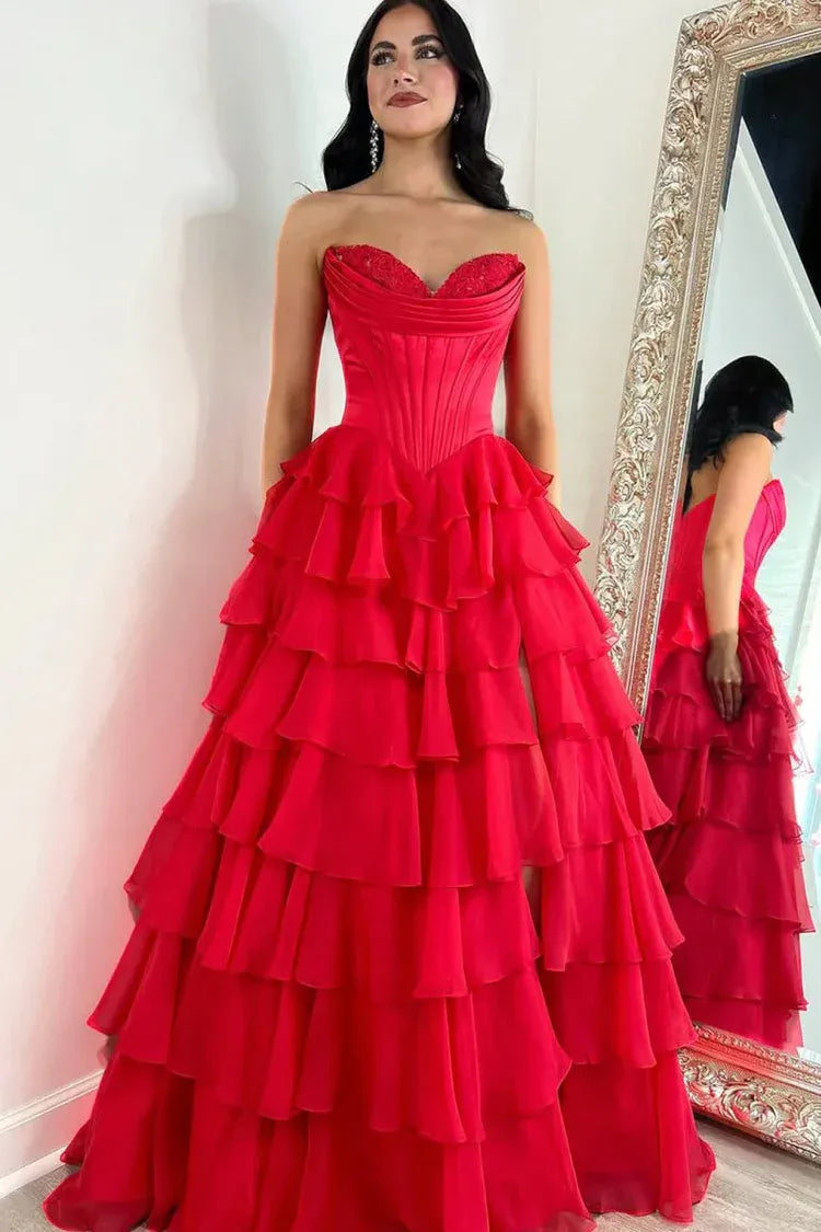 Fashion Strapless Sleeveless A-Line Chiffon Tiered Split Long Prom Dress