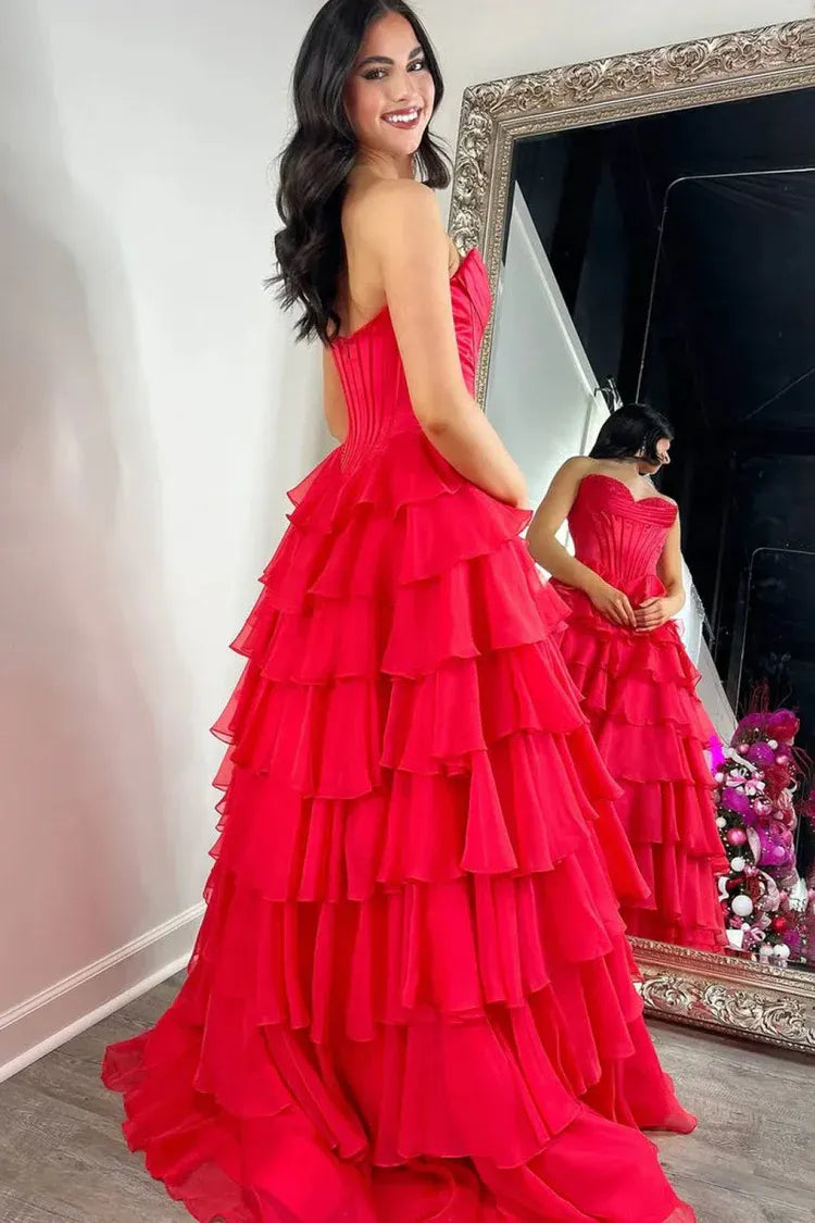 Fashion Strapless Sleeveless A-Line Chiffon Tiered Split Long Prom Dress