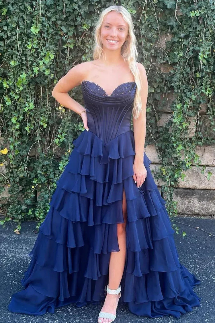 Fashion Strapless Sleeveless A-Line Chiffon Tiered Split Long Prom Dress