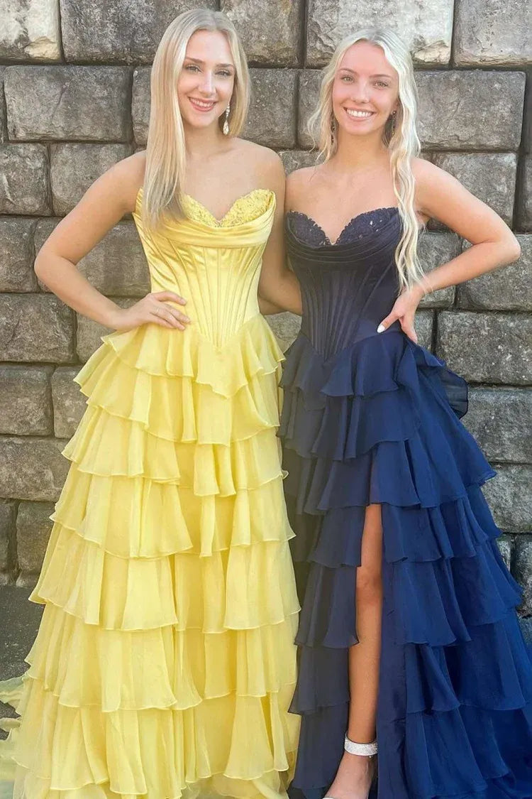 Fashion Strapless Sleeveless A-Line Chiffon Tiered Split Long Prom Dress