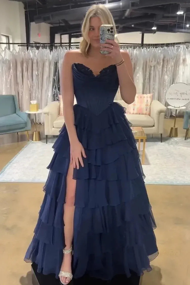 Fashion Strapless Sleeveless A-Line Chiffon Tiered Split Long Prom Dress