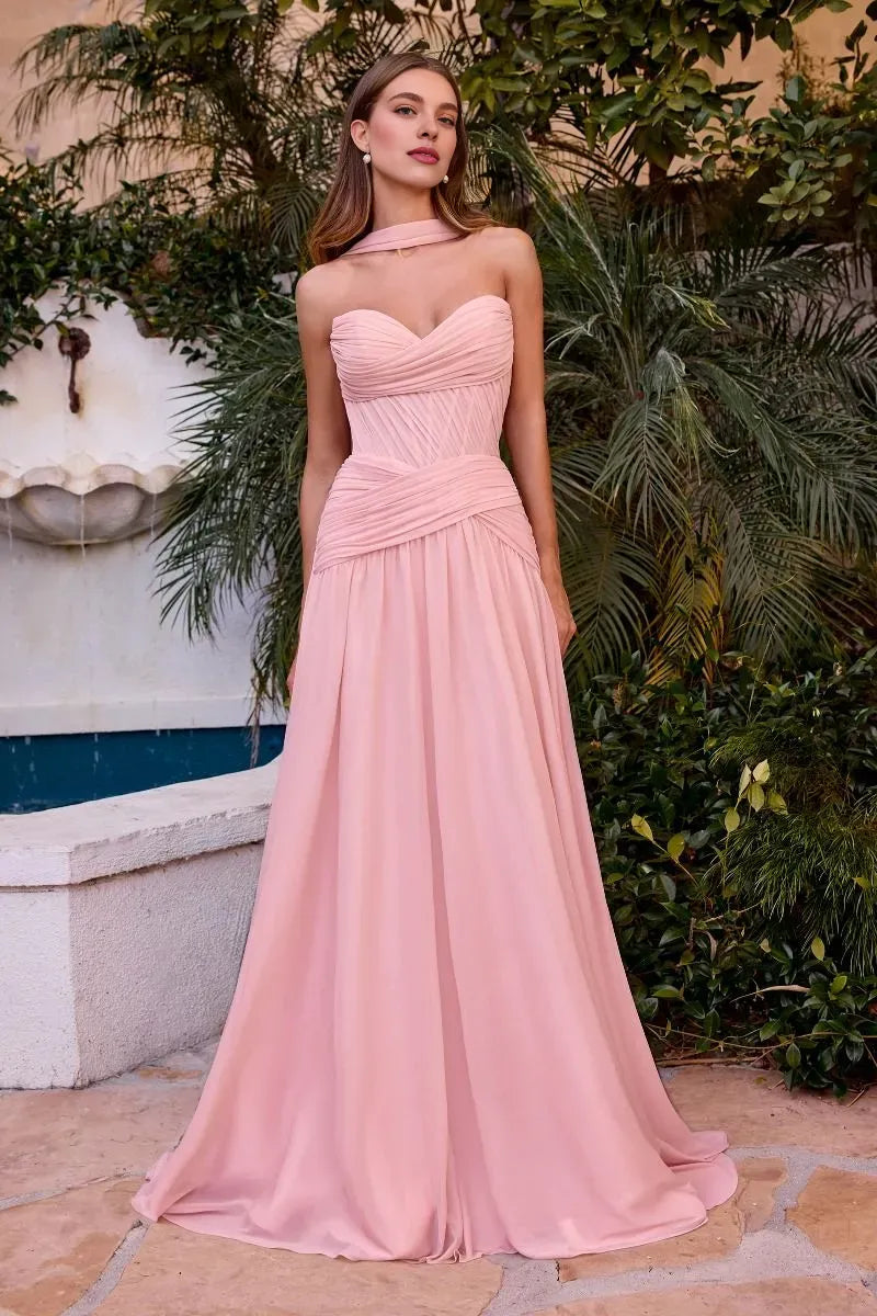 Fashion Strapless Sleeveless A-Line Pleated Chiffon Sweep Train Prom Dress