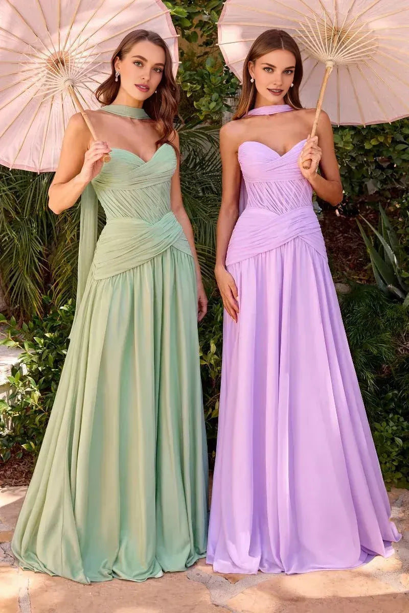 Fashion Strapless Sleeveless A-Line Pleated Chiffon Sweep Train Prom Dress