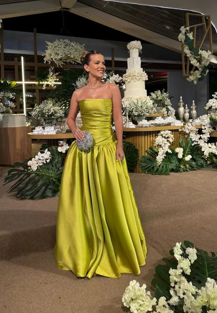 Fashion Strapless Sleeveless A Line Pleated Satin Floor-Length Party Dress
